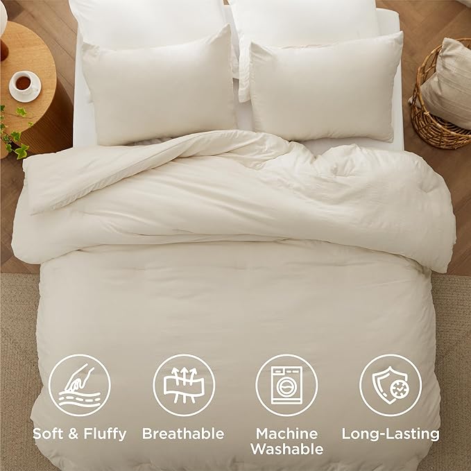 Bedsure Super King Plus Comforter Set, Cream Soft Prewashed Bedding for All Seasons, 3 Pieces GentleSoft™ Bed Set, 1 Lightweight Comforter (128"x120") and 2 Pillowcases (20"x36")