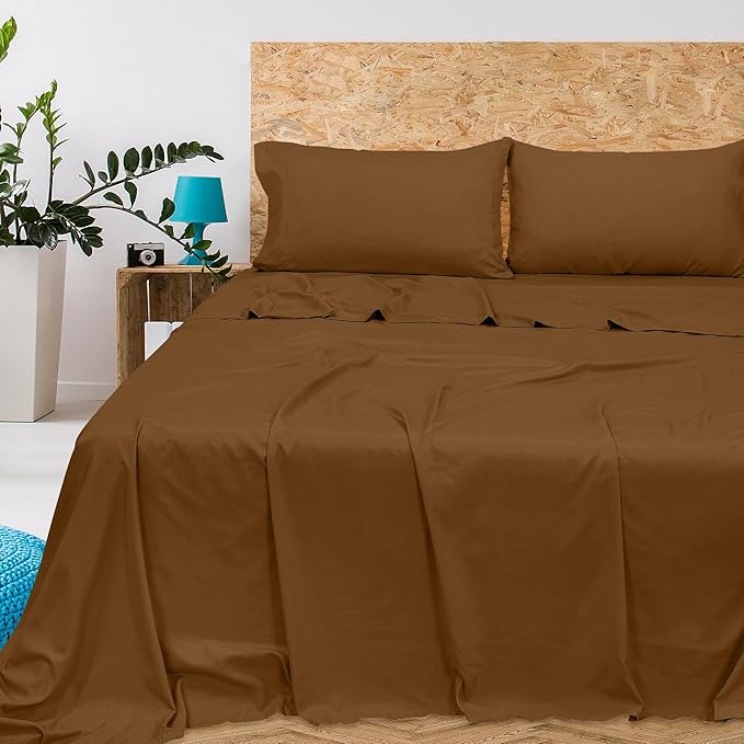 Royale Linens 300 Thread Count 100% Long Staple Combed Cotton Flat Sheet - Super Soft - Top Sheets - Cal King Flat Sheet Sold Separately - Breathable, Cool & Crisp Sheets Only (Cal King, Chocolate)