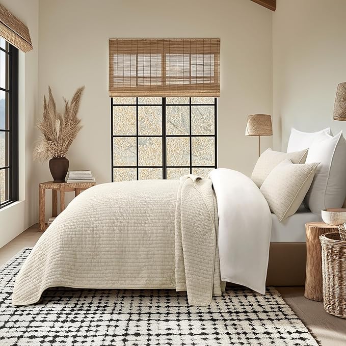 EVERGRACEHOME Cross Stitch Pre-Washed Cotton Quilt Bedding Set King Size, Oversized 3 Pieces Lightweight Bedspread Coverlet for All Season, with 2 Matching Shams, Flax Beige,118"x106"