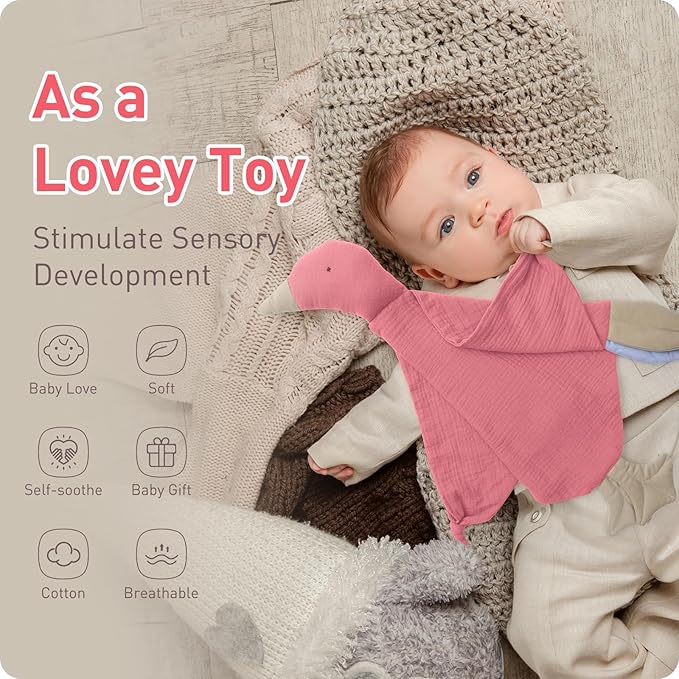 Premium Soft Muslin Cotton Newborn Baby Loveys Security Blanket Breathable with Tags, Muslin Goose Lovies for Baby New Born Boy Girl Unisex Baby Unique Neutral Presents for Babies Newborn Toddler