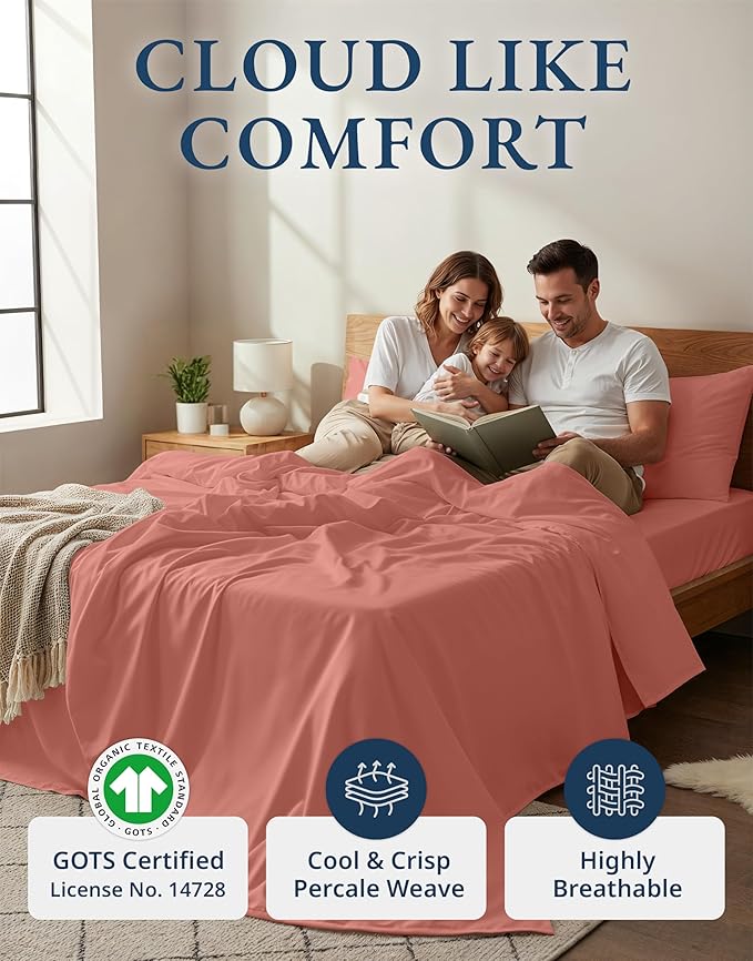 LANE LINEN 100% Organic Cotton Queen Sheets, Eco Friendly Mercerized Cotton Fully Elasticized Bedding Sheets & Pillowcase Set, Low Pill Fade Resistant Naturally Cooling Bedding Queen Size- Rose Dawn