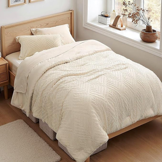 Zzlpp Twin Comforter Set 5 Pieces, Cream Tufted Bed in a Bag with Comforter and Pillowcase, All Season Boho Bedding Sets with 1 Comforter, 1 Pillow Sham, 1 Flat Sheet, 1 Fitted Sheet