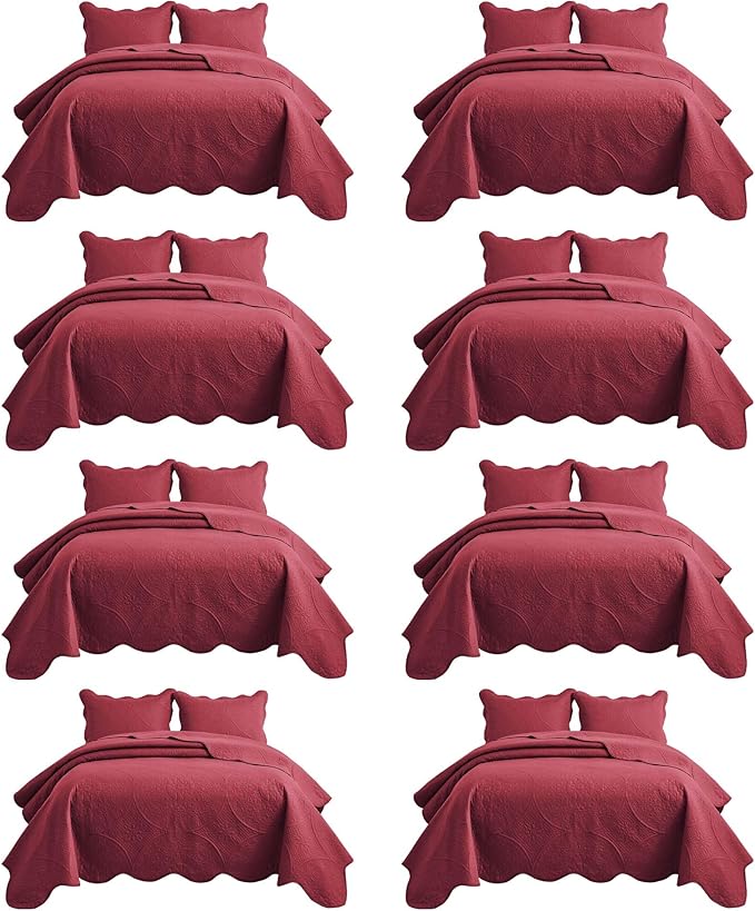MOONLIGHT20015 8 Pack Quilt King Size Bedding (106" x 96") - Bulk Wholesale for Hotels, Guest Bedroom & Airbnbs - Lightweight Microfiber Reversible Floral Embossed Quilts Bedspreads (Burgundy)