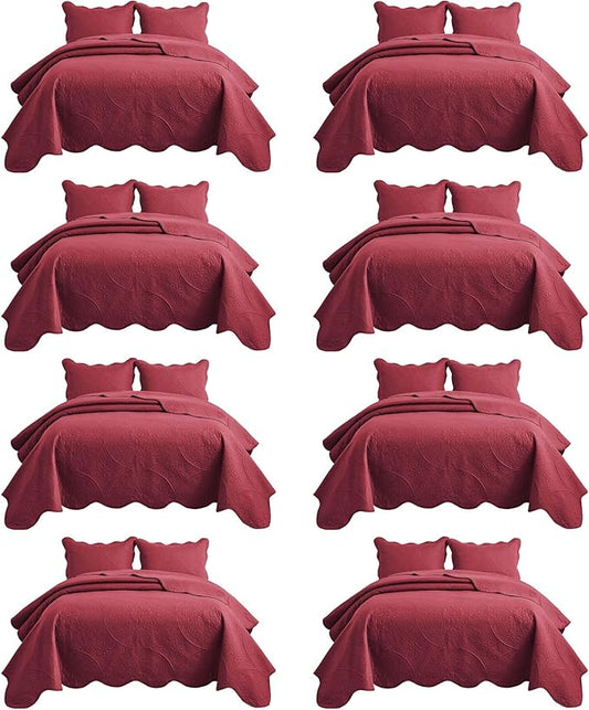 MOONLIGHT20015 8 Pack Quilt King Size Bedding (106" x 96") - Bulk Wholesale for Hotels, Guest Bedroom & Airbnbs - Lightweight Microfiber Reversible Floral Embossed Quilts Bedspreads (Burgundy)