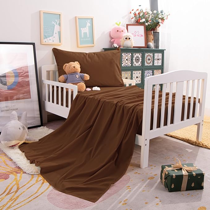 NTBAY Toddler Sheet Set - 3-Piece Microfiber Crib Sheet Set - Flat Sheet, Fitted Sheet, Pillowcase - Solid Toddler Bedding, Brown