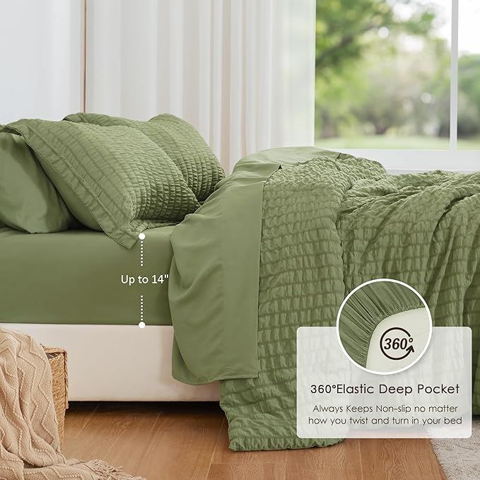 Love's cabin Seersucker Sage Green King Size Comforter Set, 7-Piece All Season Lightweight Bed in a Bag Bedding Set with Comforter, Flat Sheet, Fitted Sheet, Pillowcases and Shams | Soft, Breathable, Lightweight