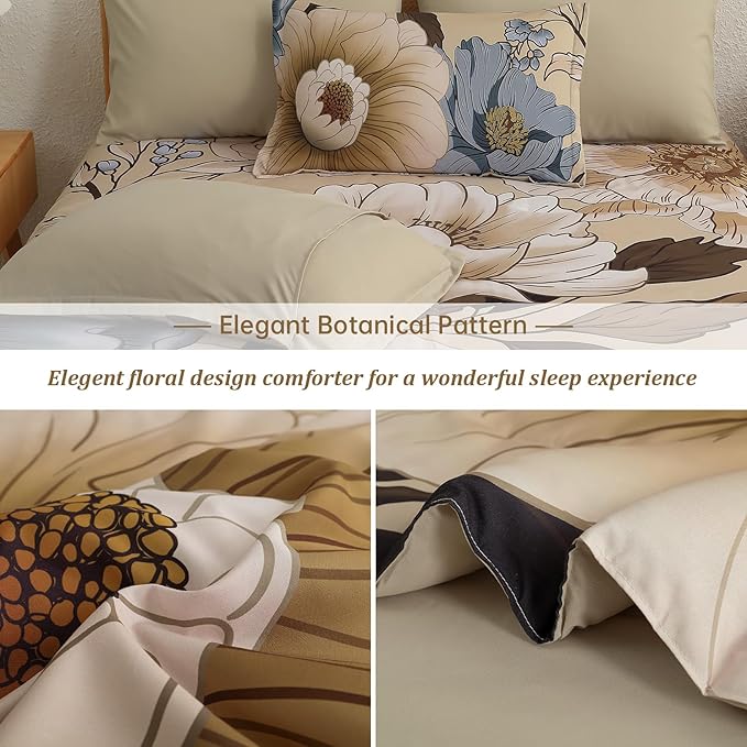 Xruibed Fall Floral Comforter Set Queen Size 7 Pieces Bed in a Bag Brown Flower Bedding Sets Lightweight Boho Bed Set with Sheet,Pillowcases&Shams for All Season
