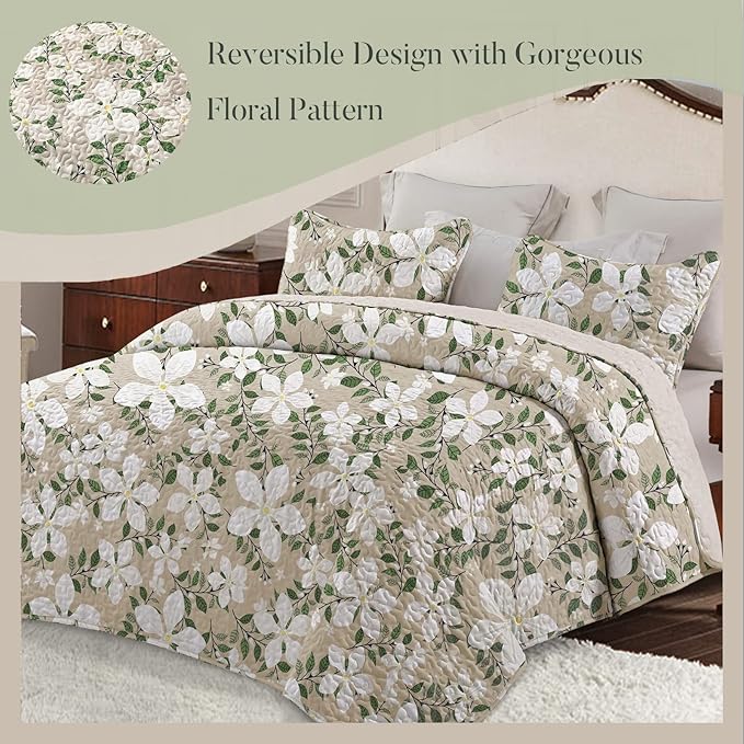 Whale Flotilla Reversible Printed Quilts Queen Size, Extra Soft Boho Floral Leaf Bedspreads for Bed Lightweight Full Queen Quilt Bedding Set Coverlets with 2 Pillow Shams for All Seasons, White Bone