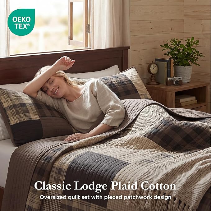 Woolrich Winter Hills Reversible Quilt Set - Cottage Styling Reversed to Solid Color, All Season Lightweight Coverlet, Cozy Bedding Layer, Matching Shams, Oversized King/Cal King, Plaid Tan 3 Piece