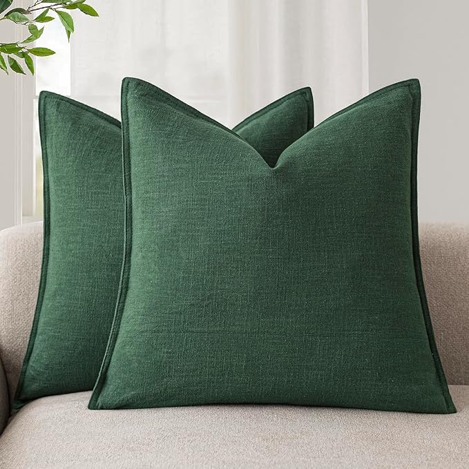 Foindtower Set of 2, Decorative Linen Soild Throw Pillow Covers Soft Accent Euro Cushion Case Farmhouse Neutral Pillowcase for Chair Couch Sofa Bedroom Living Room Home Decor 22 x 22 Inch Pine Green