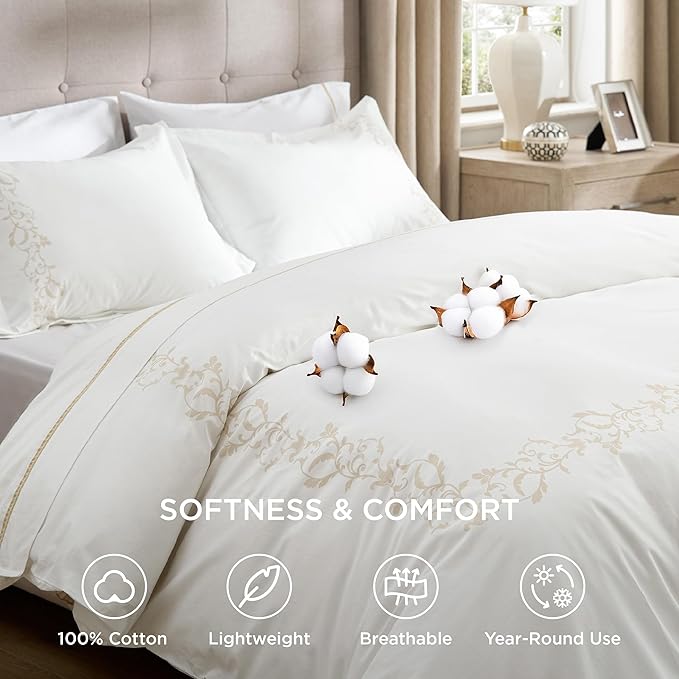 Bedsure Luxury Hotel Duvet Cover King Size, 100% White Cotton Curly Frame Bedding Set, Includes 1 Duvet Cover 104x90 Inches with Zipper Closure & 2 Pillow Shams, Comforter Sold Separately