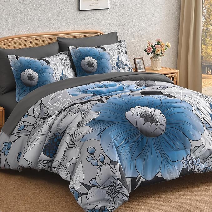 Xruibed Queen Comforter Set 7 Pieces Grey Blue Floral Comforter Set Queen Size Bed in a Bag Flower Bedding Sets Lightweight Boho Bed Set with Sheet, Pillowcases&Shams for All Season