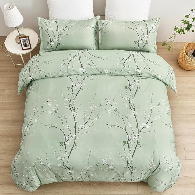 WONGS BEDDING Sage Green Floral Duvet Cover Set Queen, 3 Pieces Flower Plum Blossom Printed Bedding Set with 2 Pillow Shams, Botanical Branch Comforter Cover Set Queen Size 90"X90"(Not Comforter)