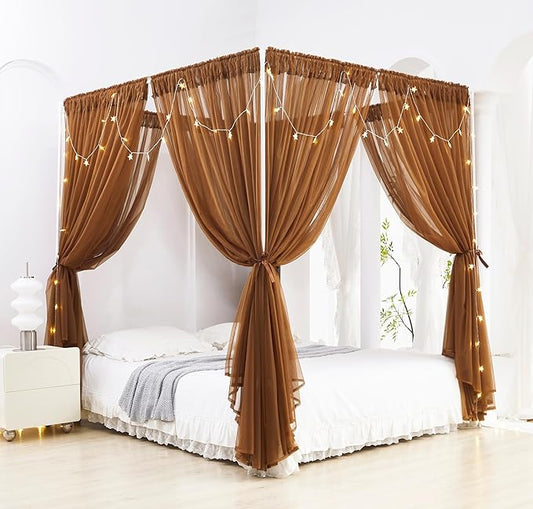 Akiky Canopy Bed Curtain with Lights Bed Drapes for Girls Adults Soft Bed Canopy Scarf for Bed Room Decoration (Full/Queen, Coffee)