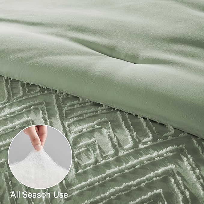 Zzlpp Twin Comforter Set 5 Pieces, Sage Green Tufted Bed in a Bag with Comforter and Sheets, All Season Boho Bedding Sets with 1 Comforter, 1 Pillow Sham, 1 Pillowcase, 1 Flat Sheet, 1 Fitted Sheet