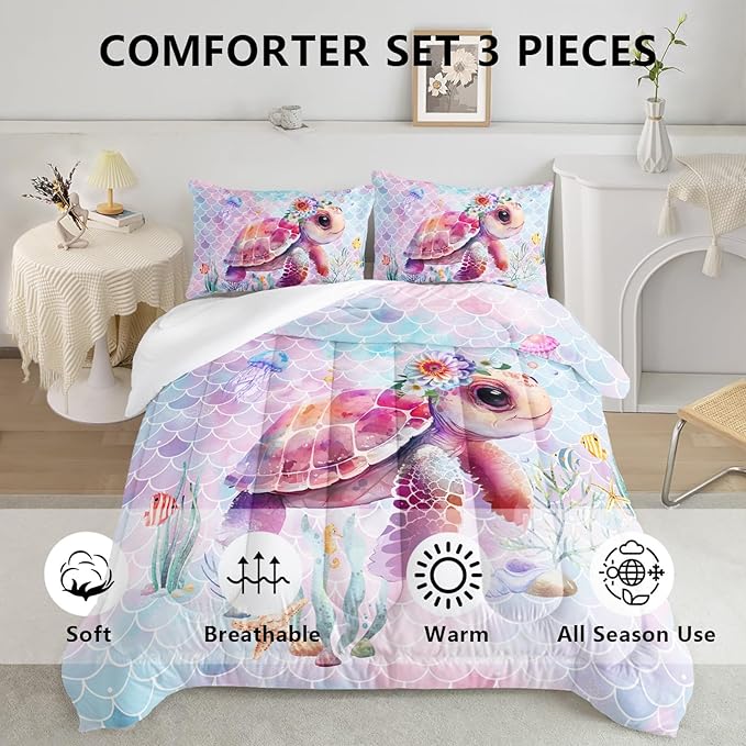 Axolotl Turtle Bedding Set Full,Colorful Underwater World Comforter Set for Kids Boys Girls Teens,Ocean Comforter Set with Jellyfish,Kids Bedding Set Print Colorful Fish Scales,1 Quilt 2 Pillowcases