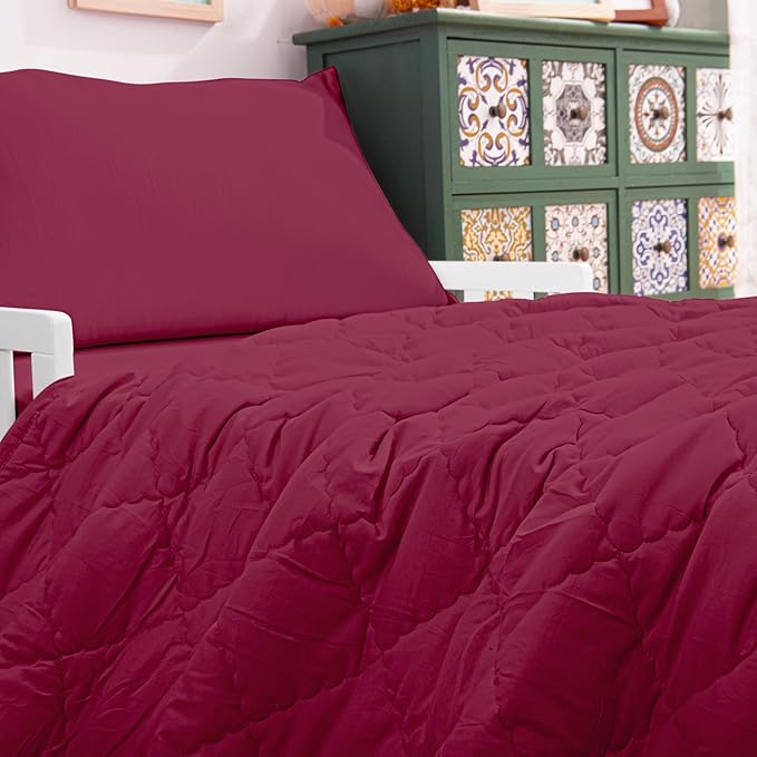 NTBAY Toddler Bedding Set - 4 Piece Soft and Breathable Crib Bedding Set for Boys and Girls, Includes Quilted Comforter, Fitted Sheet, Flat Top Sheet and Envelope Pillowcase, Wine Red