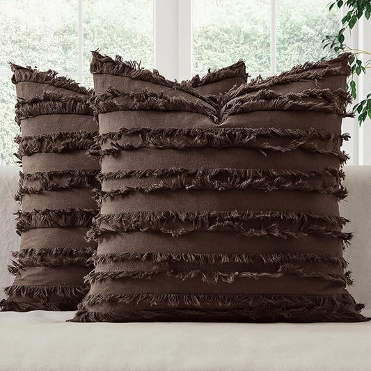 Decorative Boho Throw Pillow Covers Set of 2 Dark Brown Chocolate Modern Linen Striped Jacquard Pattern Farmhouse Neutral Cushion Covers for Sofa Couch Living Room Bedroom 18x18 Inch Home Decor