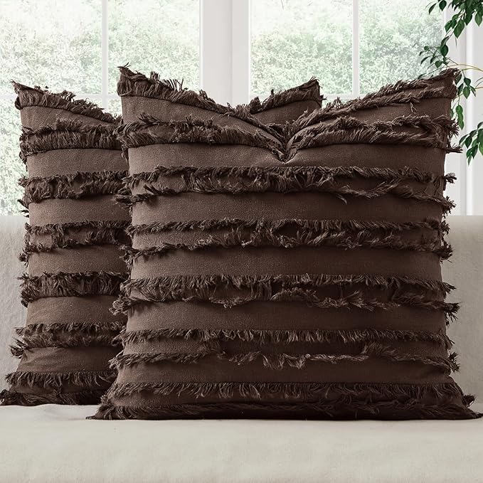 Decorative Boho Throw Pillow Covers Set of 2 Dark Brown Chocolate Modern Linen Striped Jacquard Pattern Farmhouse Neutral Cushion Covers for Sofa Couch Living Room Bedroom 20x20 Inch Home Decor