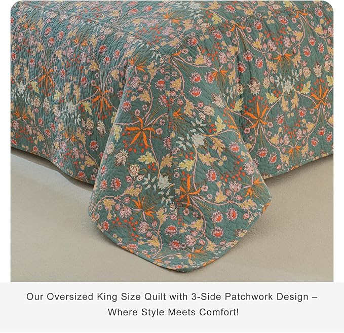 QSH 100% Cotton Oversized King Bedspread Set(128"x120")-3Pcs Floral Quilt Coverlet California King Size Luxury Paisley Flower Botanical Printed Bedspread Bedding Set Lightweight Soft for All Season