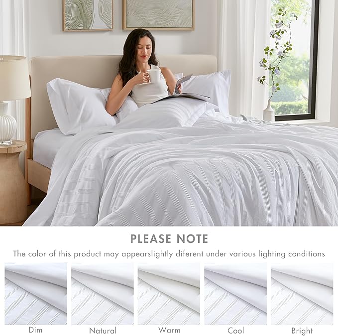Madison Park Essentials Striped Comforter Set Queen, 7 Pieces Modern Minimalist Jacquard Bedding Set for All Season, Bed in A Bag with Sheet Set and Soft Brushed Reverse, Lightweight White