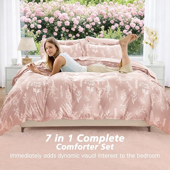 MUXHOMO Cameo Pink Full Comforter Set, Elegant Floral Print Bed in a Bag 7 Pieces, Ultra Soft & Breathable Reversible Botanical Pattern Bedding Set with Comforter, Sheets, Pillowcases, and Shams