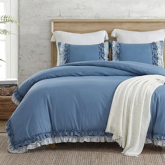 Blue Ruffle Duvet Cover Set Shabby Chic Boho Bedding Queen Elegant Lace Fringe Ruffled Bedding Super Soft Lightweight All Season Duvet Cover with Pillowcases