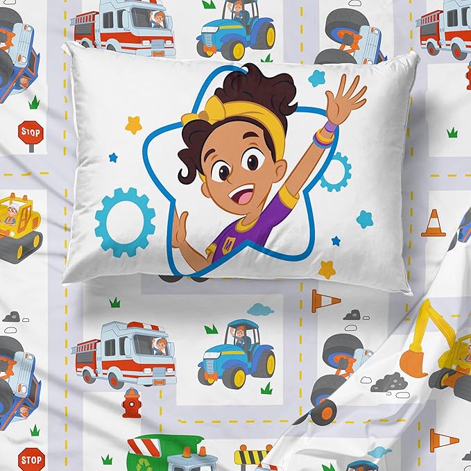Jay Franco Blippi & Meekah Trucks Toddler Comforter Set - 4 Piece Blue Bedding Sheet Set & Pillow Cover - Super Soft Microfiber Bed Set