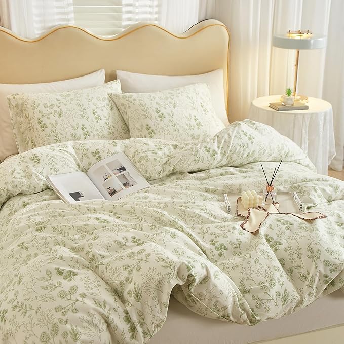 HighBuy 3 Pieces Duvet Cover Twin White Duvet Cover with Green Floral Print,Coquette Soft Cotton Comforter Cover Boho Style,Aesthetic Twin Bedding Set with Zipper Closure 4 Ties,All Season