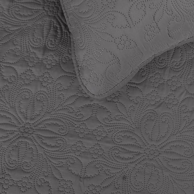 Easy-Going Twin Size Reversible Quilt Set with 1 Quilt and 1 Pillow Sham, Soft Bed Quilt Cover, Water Resistant Lightweight Microfiber Bedspread, Stain Resistant, Damask-Gray/Light Gray