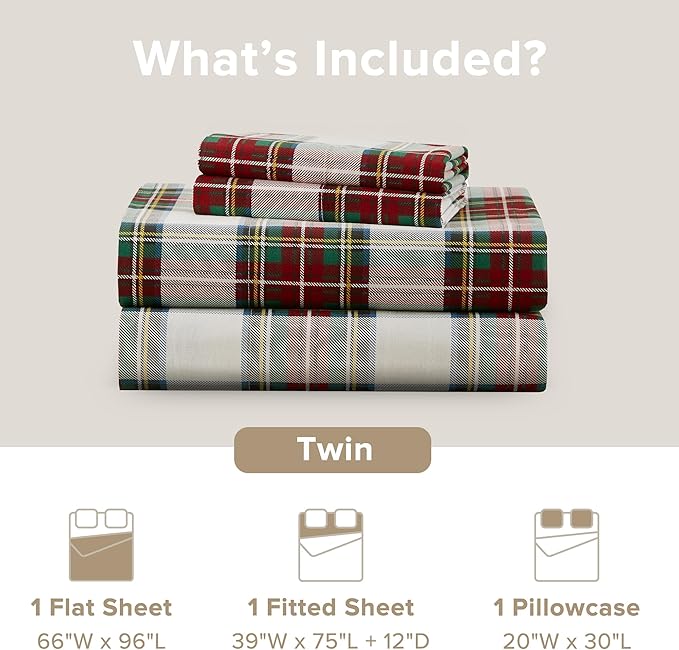 Comfort Spaces 100% Cotton Sheets Twin, Breathable, Naturally Cool Cotton Sheets, Cotton Bed Sheets with 12" Elastic Pocket Fits up to 14" Mattress, All Seasons Sheet Set, Scottish Plaid Red 3 Piece