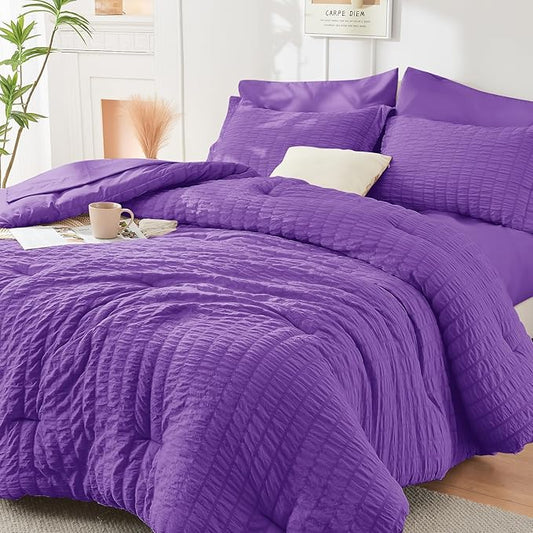HYMOKEGE Dark Purple Queen Comforter Set Seersucker 7 Pieces, All Season Luxury Bed in a Bag Queen for Bedroom, Bedding Set with Comforter, Sheets, Pillowcases & Shams