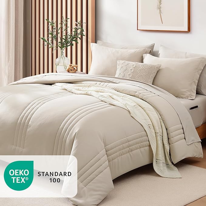 Monbix Full Size Comforter Set - 7 Pieces Beige Bed in a Bag Full Size Bedding Sets with Comforters, All Seasons Comforter with Sheets, Pillowcases & Shams