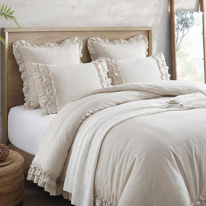 Bedorm Beige Duvet Cover Twin Shabby Chic Bedding Soft Breathable Washed Microfiber Ruffle Duvet Cover Coquette Cute Comforter Cover Girls Women
