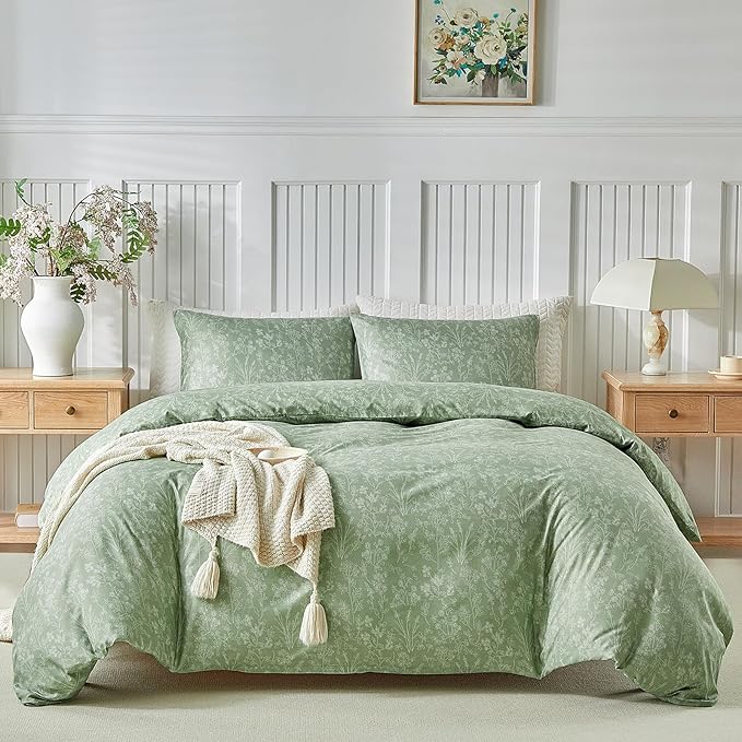Lekesky Queen Size Duvet Cover Set, White Floral Pattern Queen Size Duvet Cover, 3 Piece Green Comforter Cover with Zipper, Ultra Soft Microfiber Bedding Set with 2 Pillowcases