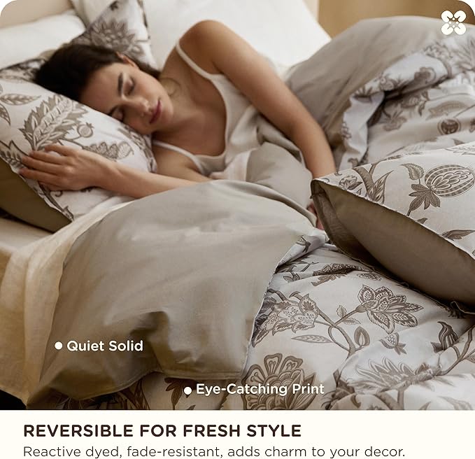 Bedsure 100% Cotton Reversible Floral Duvet Cover Queen Size - Entwined Vines Pattern Printed Comforter Cover with Zipper Closure & 2 Pillow Shams, Comforter Sold Separately (Linen Vines, 90"x90")