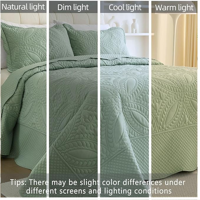 Cmfshape Oversize King Bedspread 120"x120",3 Piece California King Quilt,Lightweight Green Quilt Set for All Season,Modern Coin Pattern Bedding Set