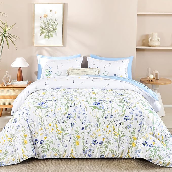 Yiran Blue Floral Comforter Set Queen Size, 7 Piece Watercolour Botanical Comforter Bedding Set, Bed in a Bag Queen, Soft Microfiber Complete Bedding Set with Sheets for All Season