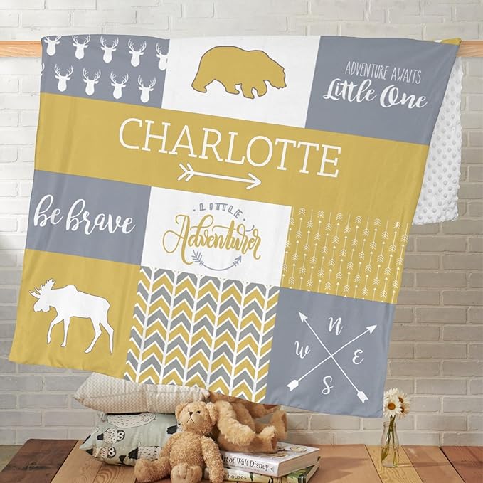 Personalized Baby Blanket for Girls Super Soft Double Layer with Dotted Backing, Lovely Woodland Animal Design Blanket for Toddler Newborn, Polyester, Honey, 35 x 45 Inch