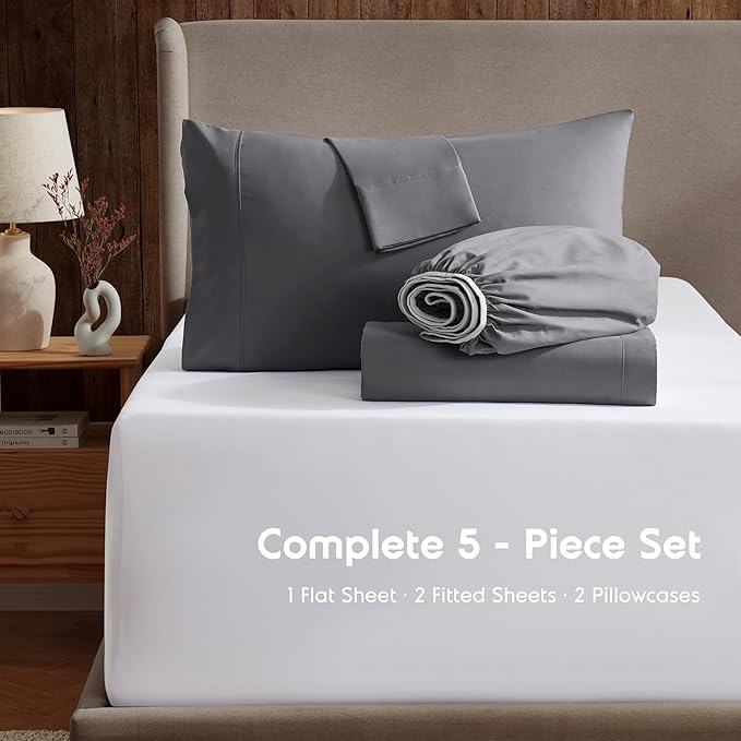 Nestl Split King Sheet Set - 1800 Ultra-Soft Microfiber Bed Sheets - Double Brushed - Deep Pockets - Easy Fit - 5 Piece Set - Bed Sheets & Pillowcases (Split King Size, Dark Grey)