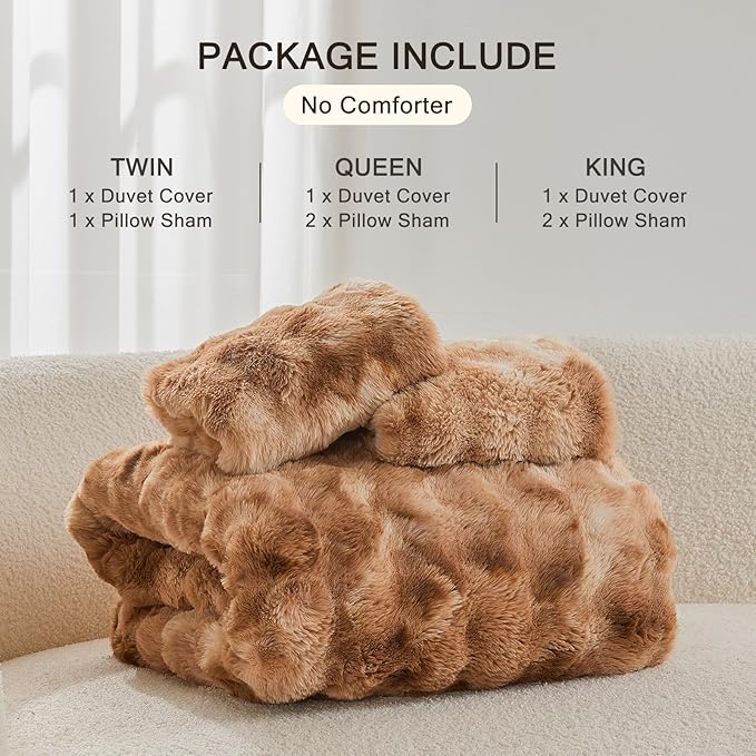 EMME Faux Fur Duvet Cover Twin Size, 2 Pieces Ultra Soft Fluffy Comforter Cover, Cozy Warm for Winter, Luxury Elegant Shaggy Bubble Design Bedding, 1 Duvet Cover & 1 Pillow Shams (Twin, Tie Dye Taupe)