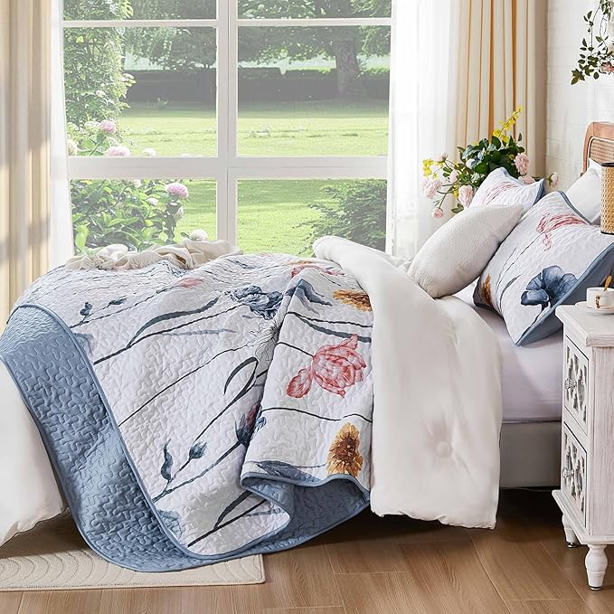 WONGS BEDDING Floral Quilt Set Queen,3 Pieces Blue & Pink Bedspread Coverlet Set Botanical Bedspreads Bed Cover Quilts，Soft Lightweight Farmhouse Flower Bedding Set for Spring Summer(96"x90")