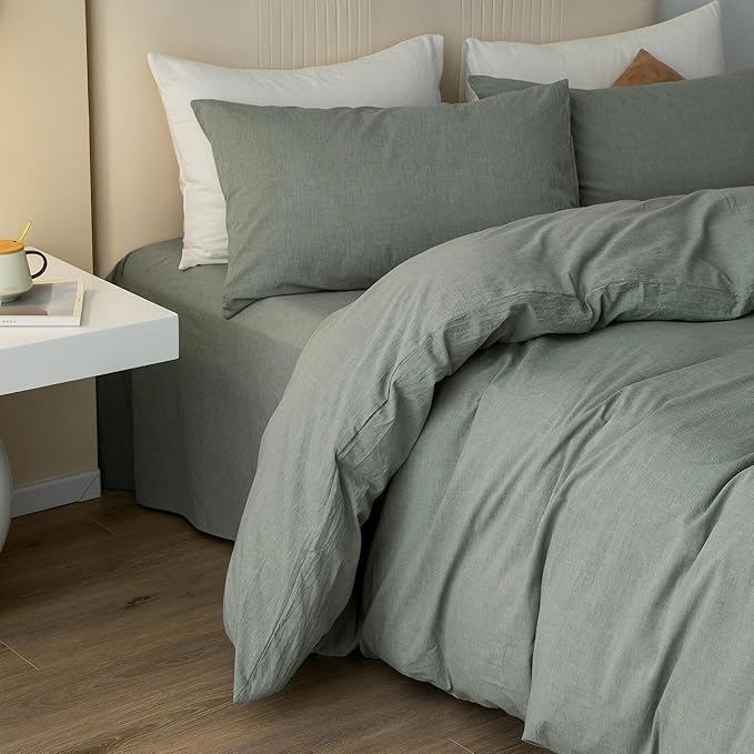 JIYUAN 100% Washed Cotton Duvet Cover Set 3 Pieces Super King, 1 Duvet Cover 108x98 Inches(Comforter Not Included) and 2 Pillowcases,Linen Feel Bedding Set Comfy and Breathable, Heathered Green
