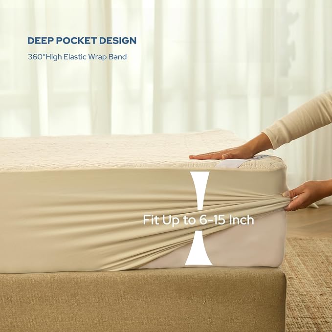 BEDLORE Waterproof Mattress Protector, King Size Noiseless Mattress Pad with Deep Pocket 6"-18" Depth, Soft Breathable Bed Mattress Cover Washable for Home, Bedroom, Hotel (Beige)