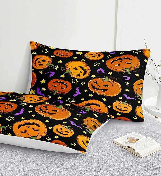 Bedbay Pumpkin Halloween Comforter Set Queen Size Black and Gold Bedding Set Cartoon Pumpkin Festival Themed 4 Pcs Comforter Set Halloween Decorations (Orange,Queen)