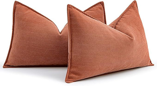MIULEE Pack of 2 Burnt Orange Decorative Lumbar Pillow Covers 12x20 Inch Chenille Luxurious Couch Throw Pillows Farmhouse Cushion Covers with Elegant Design for Sofa Bed Living Room Home Decor