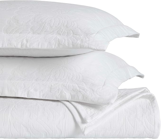 Superior 3 Piece Cotton Bedspread Set, Home Bed Decor, Decorative Bed Spread, 2 Pillow Shams, Medium Weight Blanket, Matelasse Coverlet, Bedding Essentials, Hibiscus Collection, King, White