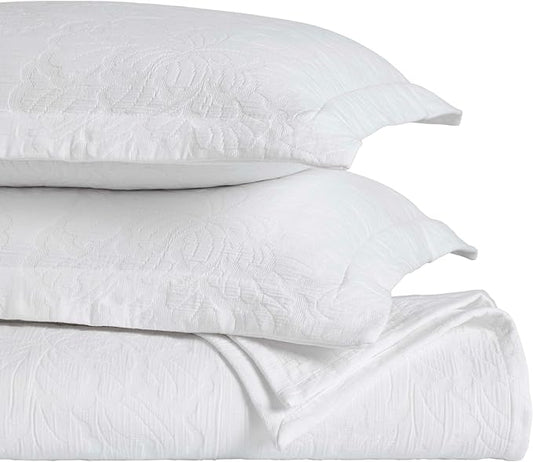 Superior 3 Piece Cotton Bedspread Set, Home Bed Decor, Decorative Bed Spread, 2 Pillow Shams, Medium Weight Blanket, Matelasse Coverlet, Bedding Essentials, Hibiscus Collection, King, White