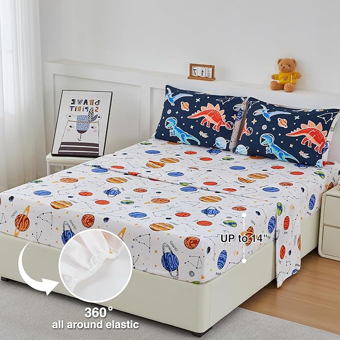 A Nice Night 5pc Glow in The Dark Kids Comforter Set,Dinosaur Galaxy Printed, Space Bedding Set Twin Size for Boys Girls Teen
