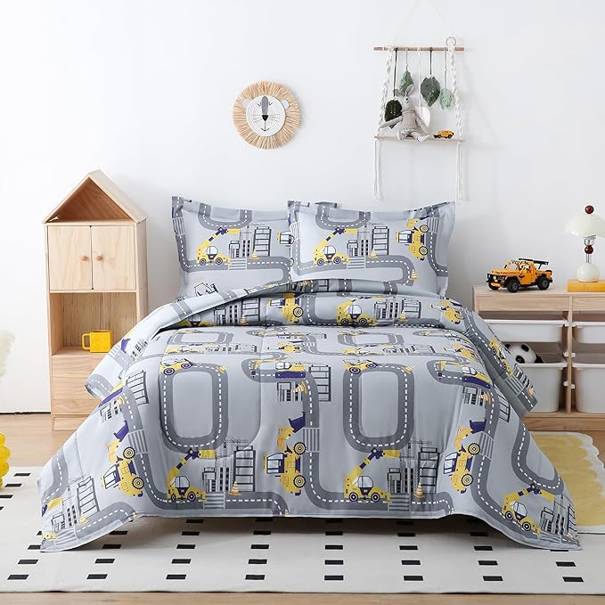 Yibeizi Twin Bed Comforter Set, Kids Lightweight All-Season Comforter Set Cute Truck Pattern Microfiber Breathable Hypoallergenic Soft Oeko-Tex Bedding Comforter Sets